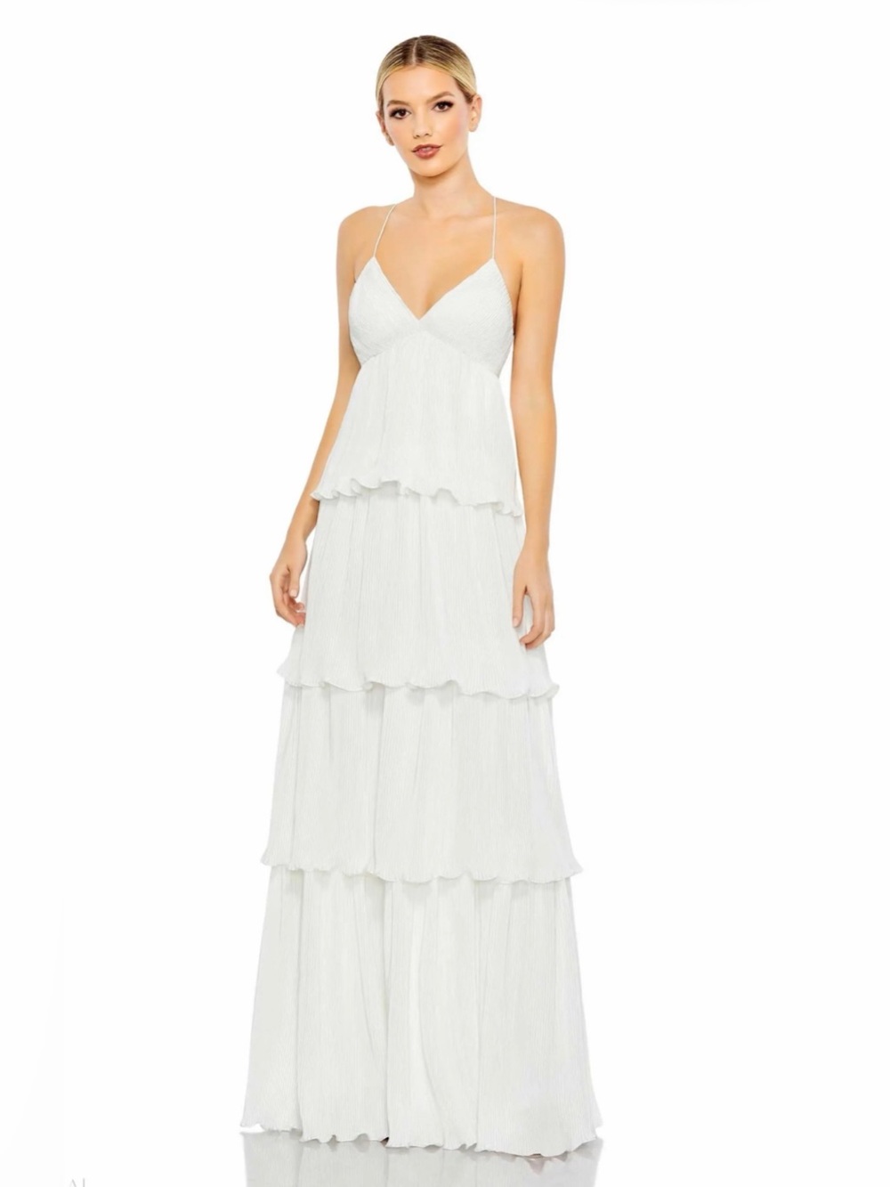 Mac Duggal White Pleated Tiered Maxi Dress with Delicate Straps bridal